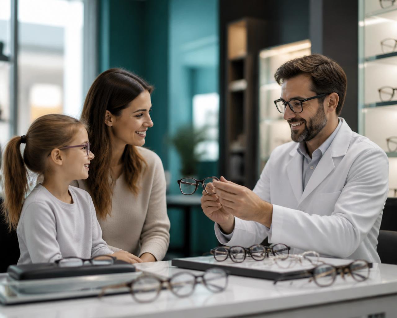 Óptico-optometrista atendiendo cálidamente a una familia en el Centro Óptico Visionmar